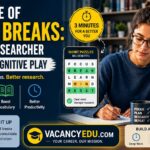 The Science of Mental Breaks infographic showing a researcher studying with a laptop, highlighting how daily cognitive play, short mental breaks, and structured work routines improve focus, vocabulary, productivity, and research performance.