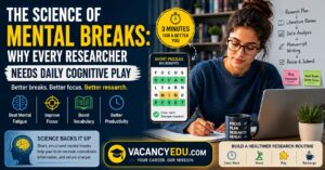 The Science of Mental Breaks infographic showing a researcher studying with a laptop, highlighting how daily cognitive play, short mental breaks, and structured work routines improve focus, vocabulary, productivity, and research performance.